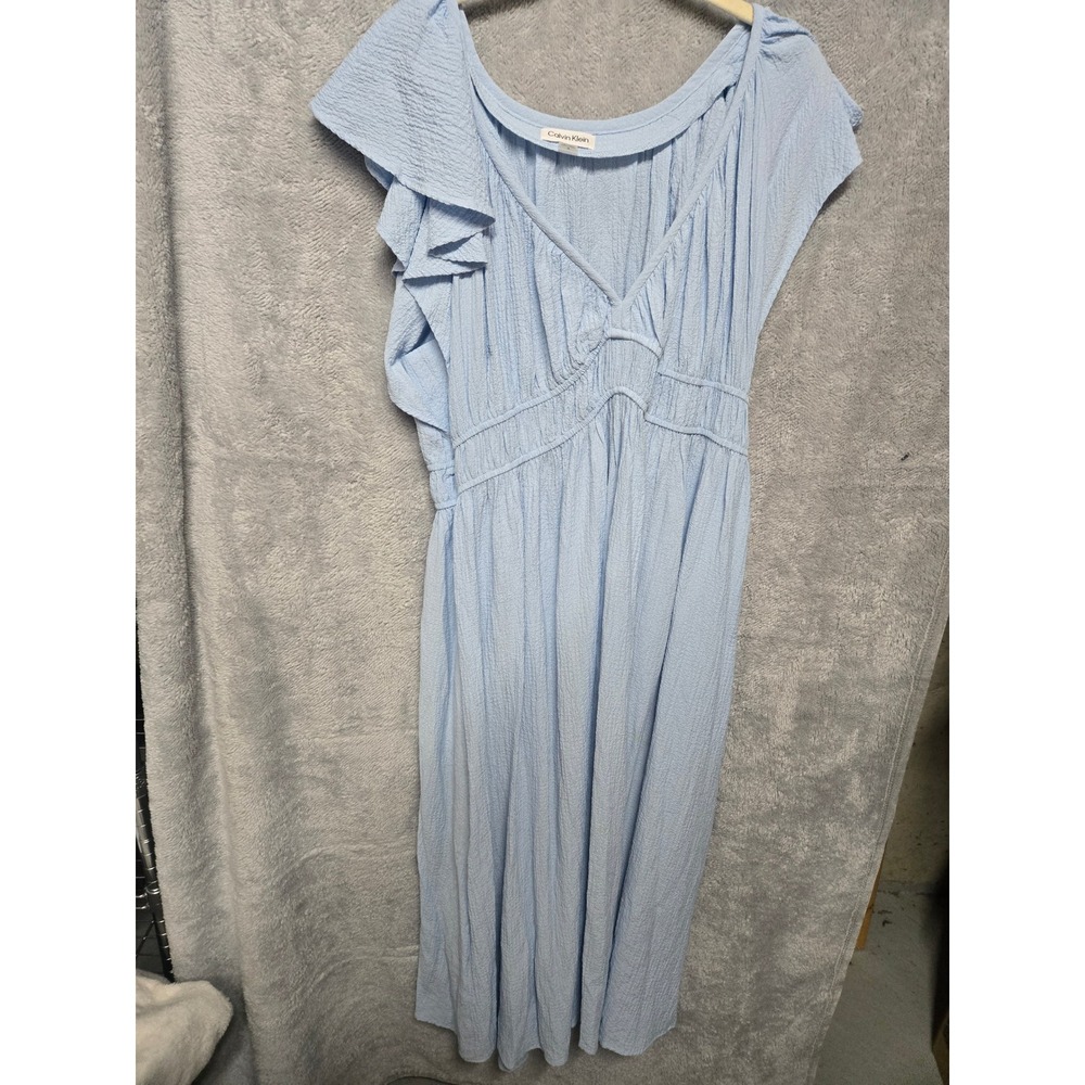 Calvin Klein Light Blue Ruffle Sleeve Crinkle Gauze Midi Dress Size 14 NWT